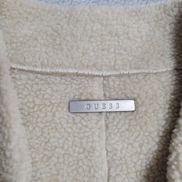 Guess Coat Womens Small Beige Genuine Leather Shearling Long Overcoat Lined - Picture 12 of 16